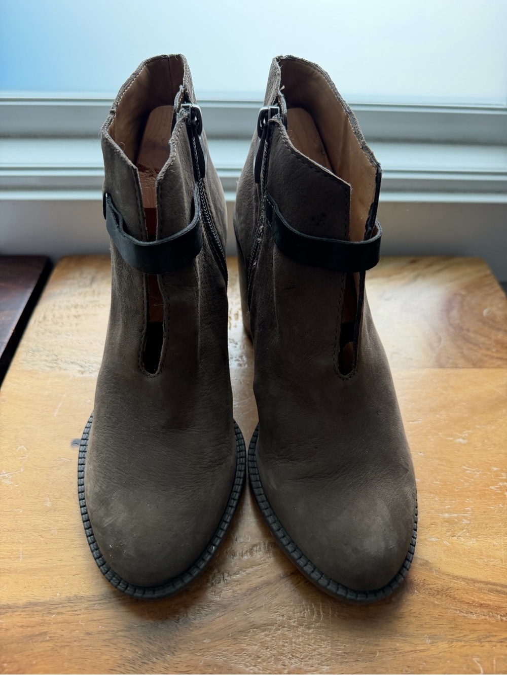 Franco Sarto Women's Suede Ankle Boots in Taupe with Strap Detail